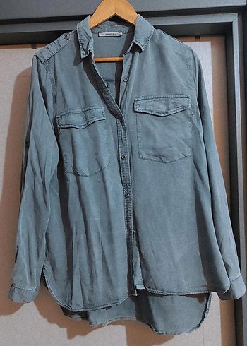 Gri Denim Kadın Gömlek, Bol Kesim, Düğmeli - Görsel 2