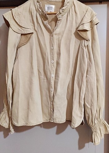 Bej Keten Kadın Gömlek Uzun Kollu - Görsel 2