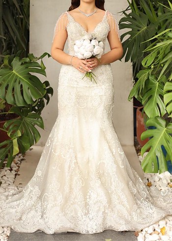 Dantel Kasnak İşlemeli Taşlı Balık Model Gelinlik - Görsel 2