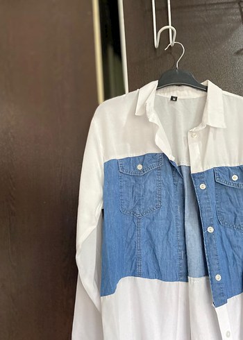 38 Beden Düğmeli Beyaz Mavi Denim Kadın Gömlek