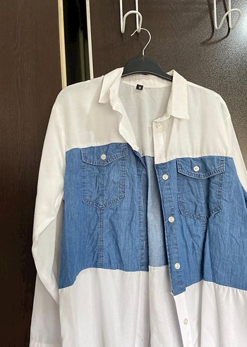 Diğer Düğmeli Beyaz Mavi Denim Kadın Gömlek