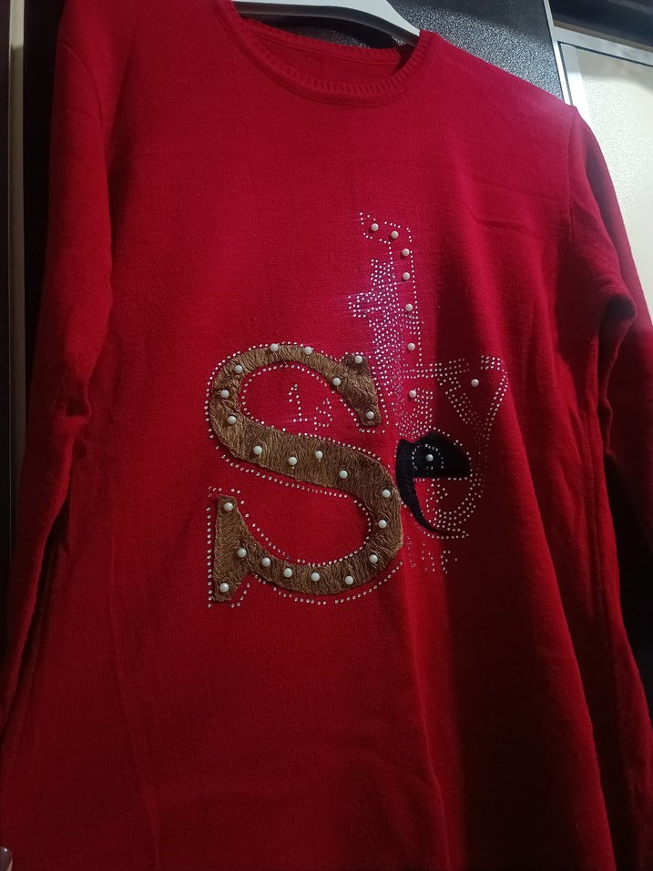 Kırmızı Payetli Uzun Kollu Kadın Kazak - Görsel 2