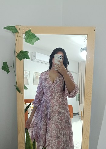 Pembe V Yaka Uzun Kollu Bohem Elbise - Görsel 2