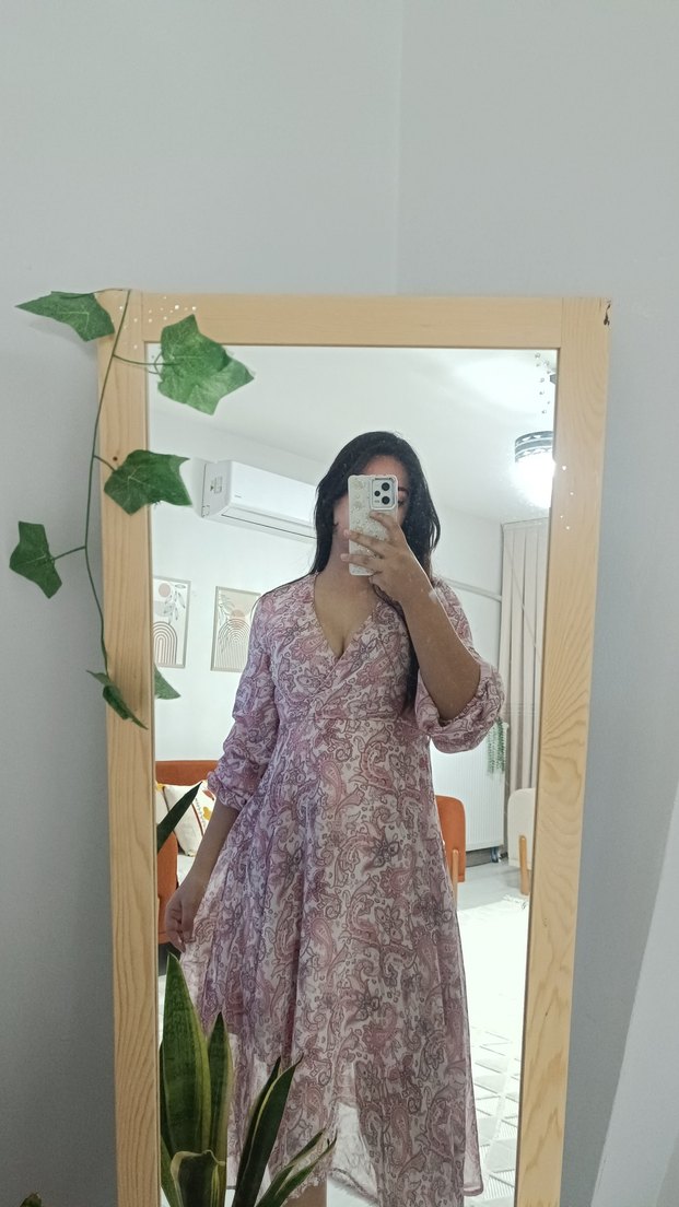 Pembe V Yaka Uzun Kollu Bohem Elbise - Görsel 2