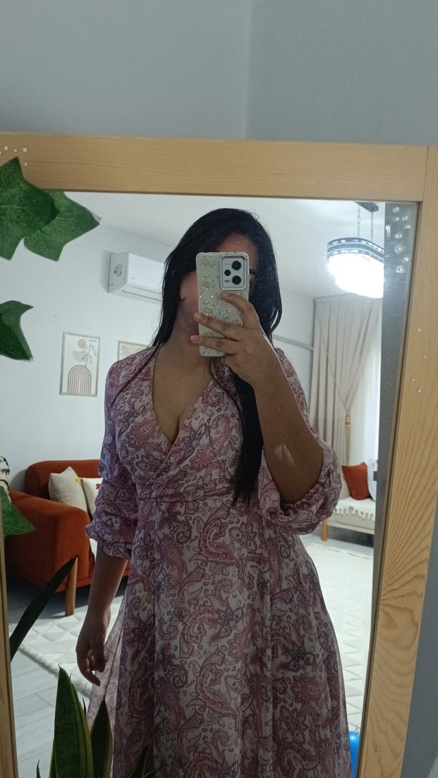 Pembe V Yaka Uzun Kollu Bohem Elbise - Görsel 3