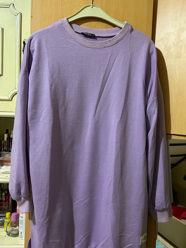 Mor Uzun Kollu Salaş Keten Sweatshirt - Görsel 3