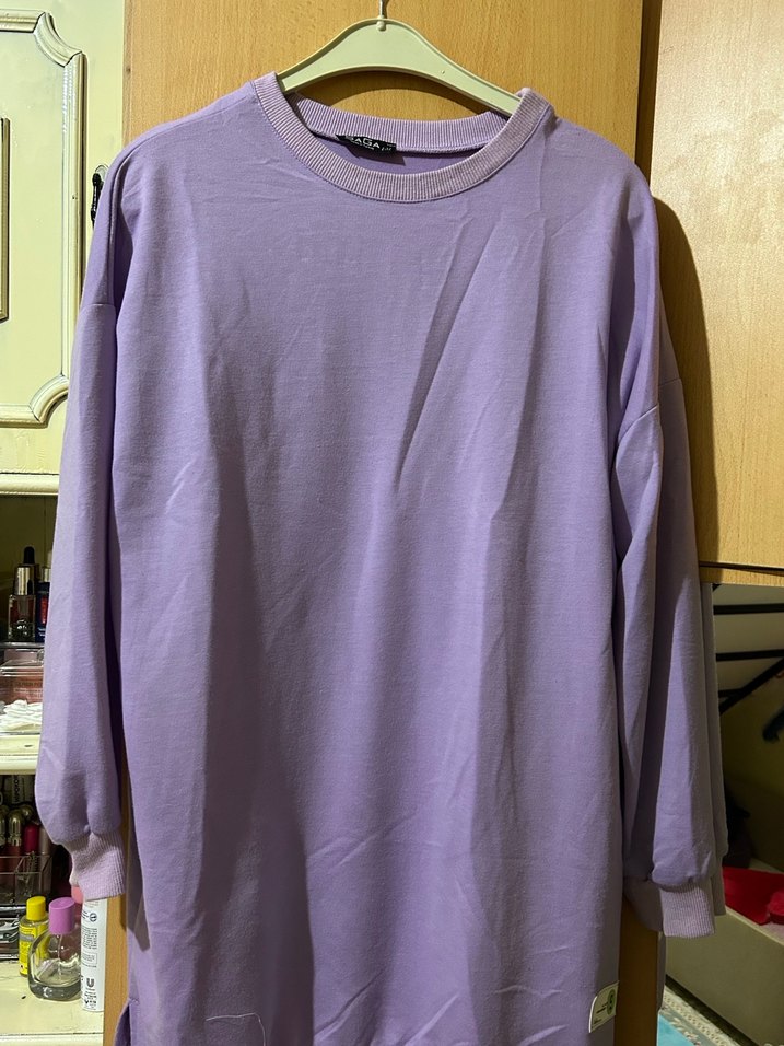 Mor Uzun Kollu Salaş Keten Sweatshirt - Görsel 2