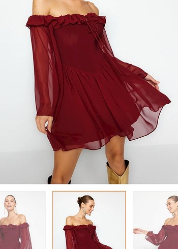 Bordo Straplez Fırfırlı Midi Elbise - Görsel 3