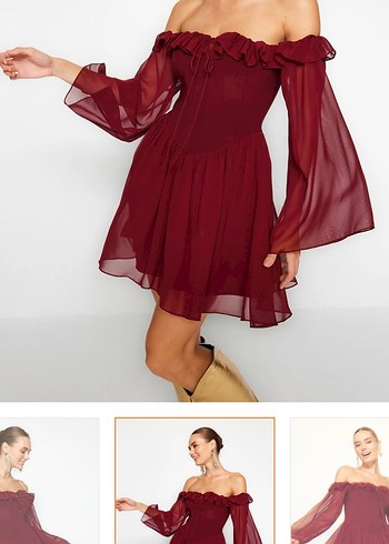 Bordo Straplez Fırfırlı Midi Elbise - Görsel 2