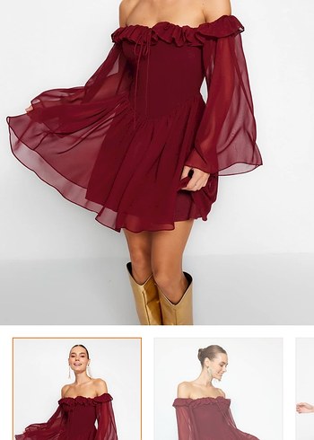 Bordo Straplez Fırfırlı Midi Elbise - Görsel 4