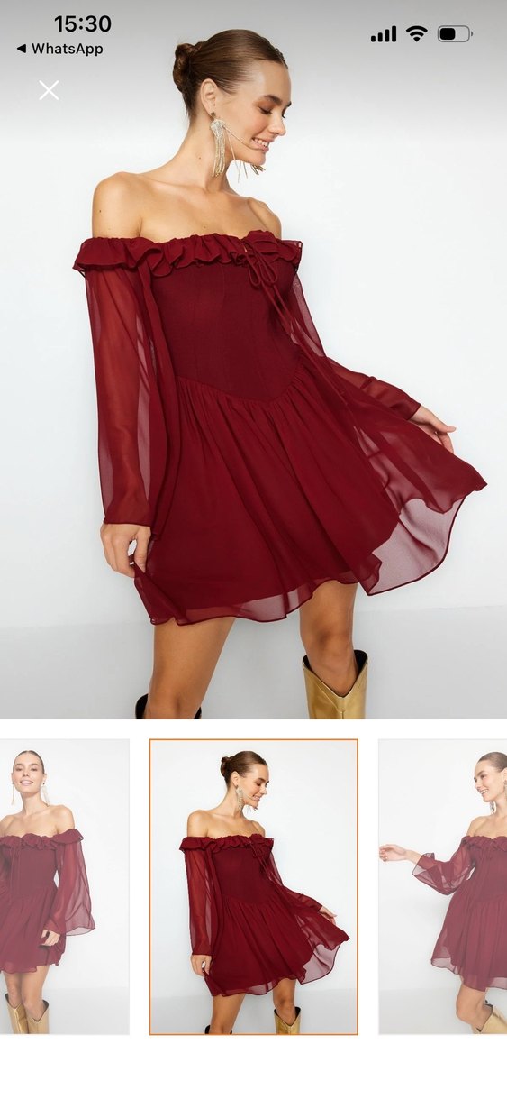 Bordo Straplez Fırfırlı Midi Elbise - Görsel 3