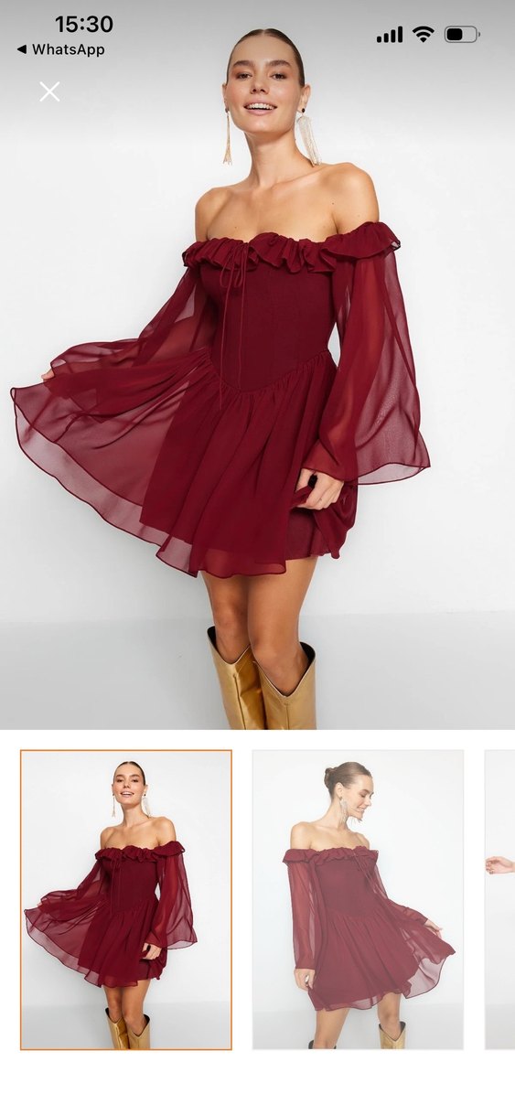 Bordo Straplez Fırfırlı Midi Elbise - Görsel 4