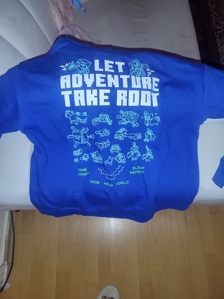 Minecraft Baskılı Mavi Kapüşonlu Sweatshirt - Görsel 5