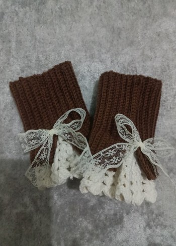 Dantel Detaylı Kahverengi Örgü Eldiven - Görsel 2