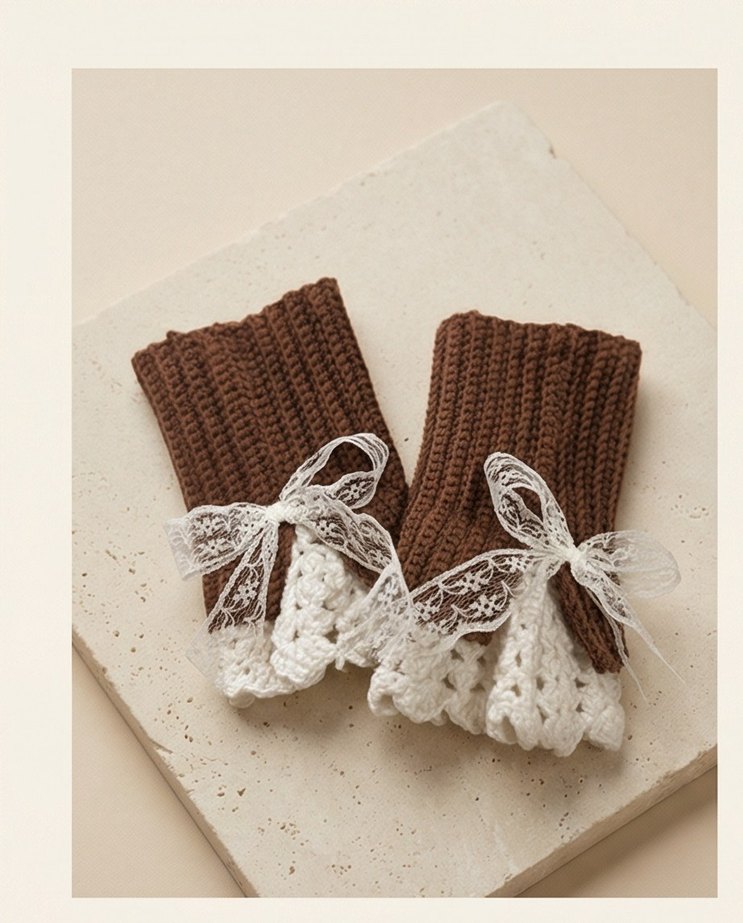 Dantel Detaylı Kahverengi Örgü Eldiven - Görsel 5
