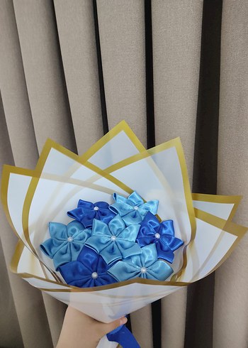 Mavi Kurdeleli Çiçek buketi el yapımı - Görsel 2