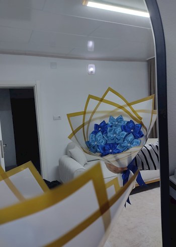 Mavi Kurdeleli Çiçek buketi el yapımı - Görsel 4