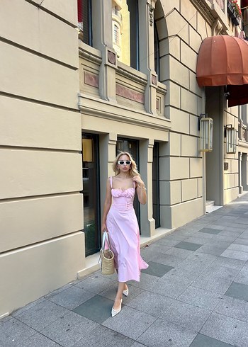 Pembe Drapeli Straplez Uzun Elbise