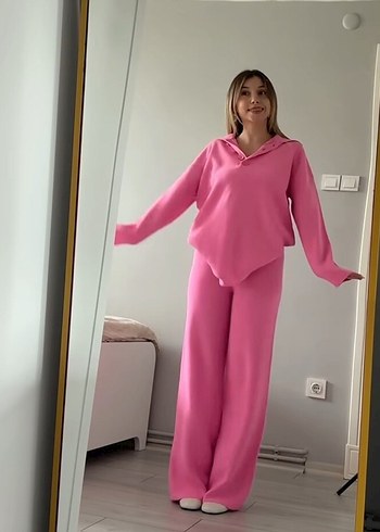 Pembe Kadın V Yaka Uzun Kollu Eşofman Takımı - Görsel 2