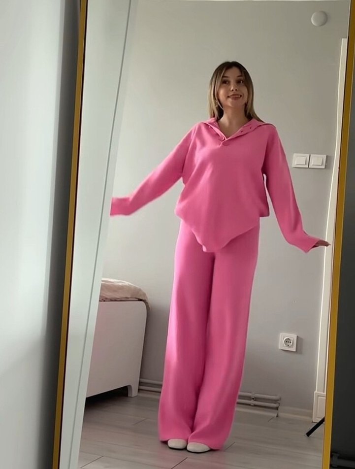 Pembe Kadın V Yaka Uzun Kollu Eşofman Takımı - Görsel 2