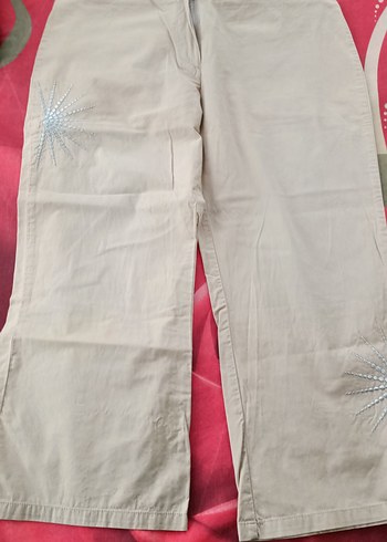 Nakışlı Bej Kadın Salaş Midi Kumaş Pantolon