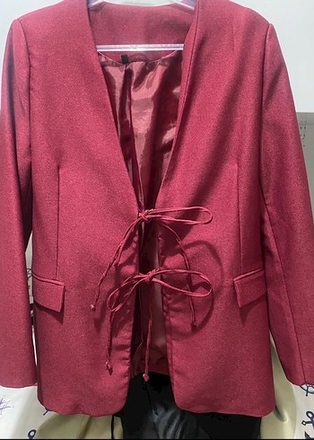 Bordo Kadın Midi Ceket, Düğmeli, Strappy Kol - Görsel 2