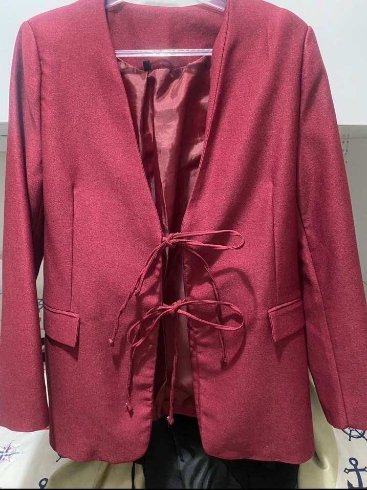 Bordo Kadın Midi Ceket, Düğmeli, Strappy Kol - Görsel 2