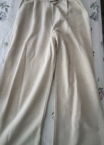 Bej Kadın Keten Pantolon Pilili Rahat Kesim