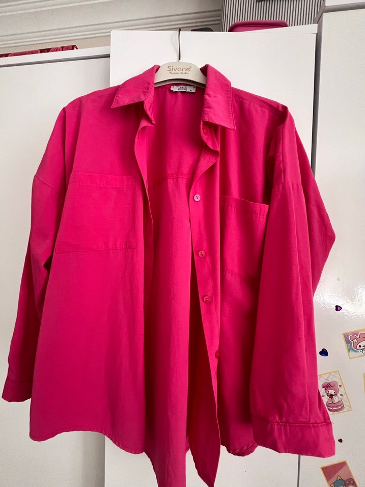 Pembe Düğmeli Keten Gömlek - Görsel 3