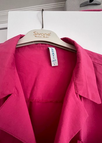 Pembe Kısa Kollu Düğmeli Keten Gömlek - Görsel 3