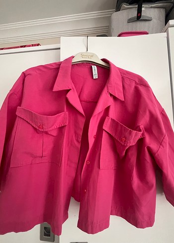 Pembe Kısa Kollu Düğmeli Keten Gömlek - Görsel 2