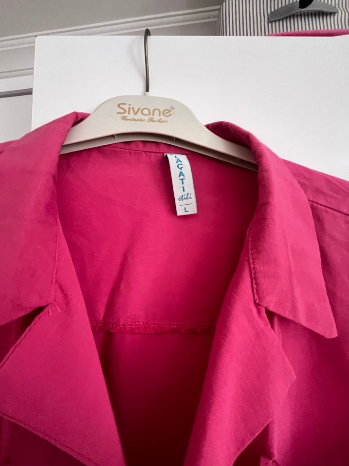 Pembe Kısa Kollu Düğmeli Keten Gömlek - Görsel 3