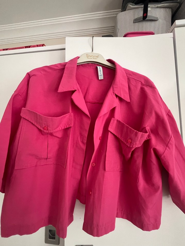 Pembe Kısa Kollu Düğmeli Keten Gömlek - Görsel 2