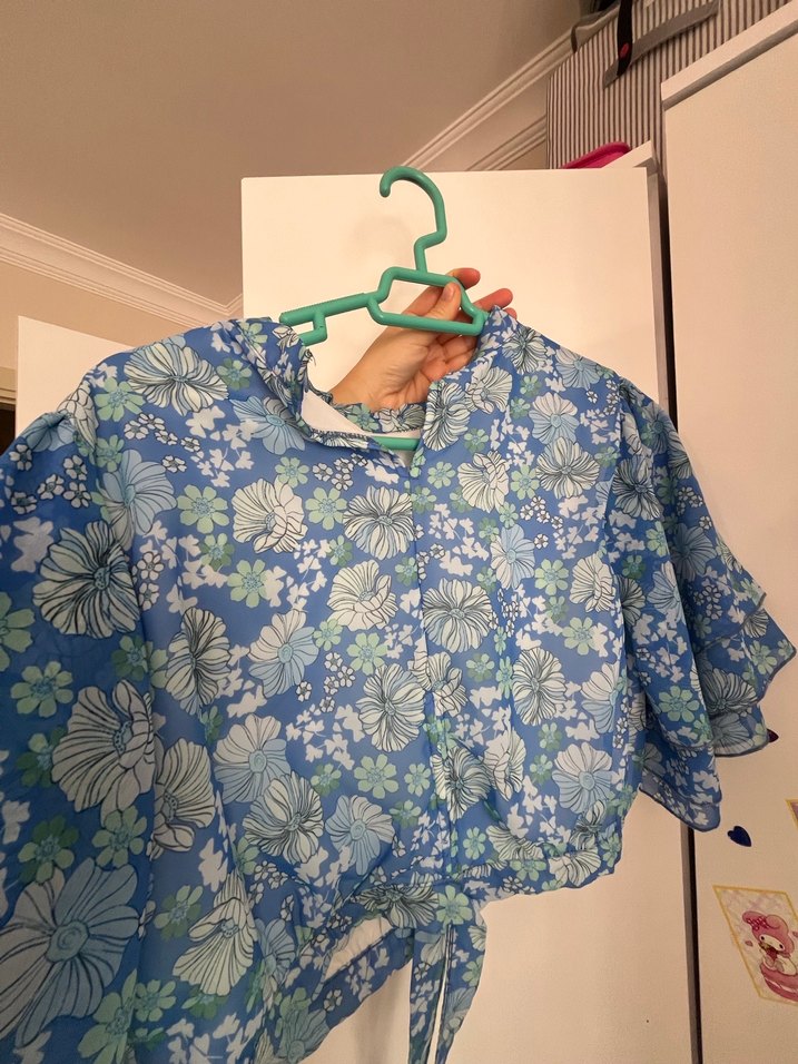 Bohem Stil Mavi Çiçekli Kız Bluzu - Görsel 2