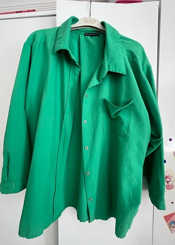 Düğmeli Yeşil Keten Kadın Gömlek - Görsel 3