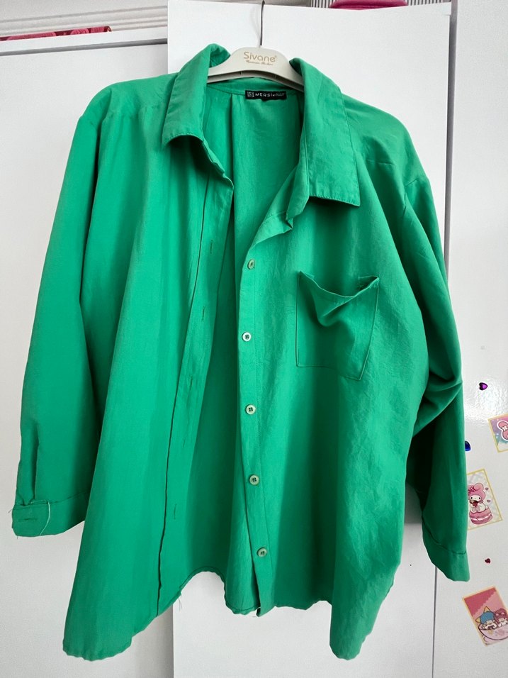 Düğmeli Yeşil Keten Kadın Gömlek - Görsel 3