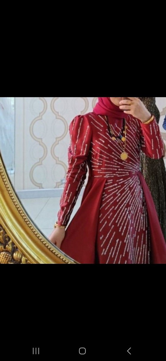 Bordo İşlemeli Uzun Abiye Elbise - Görsel 2