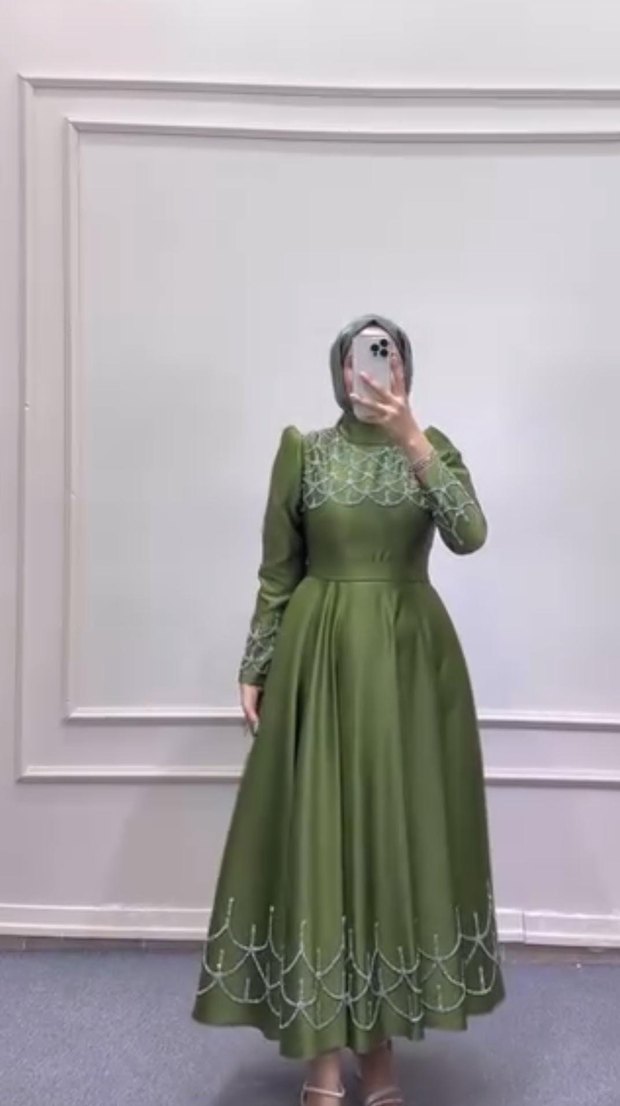 Nakışlı Uzun Kollu Haki Abiye Elbise - Görsel 2