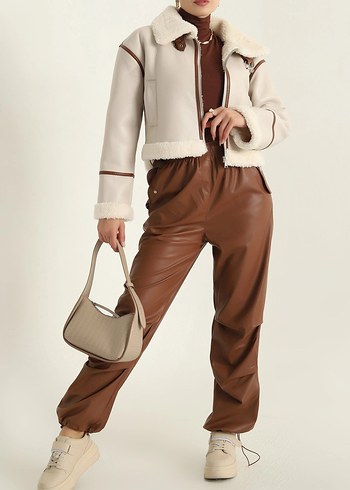 Bej Kürklü Deri Kadın Ceket - Görsel 2