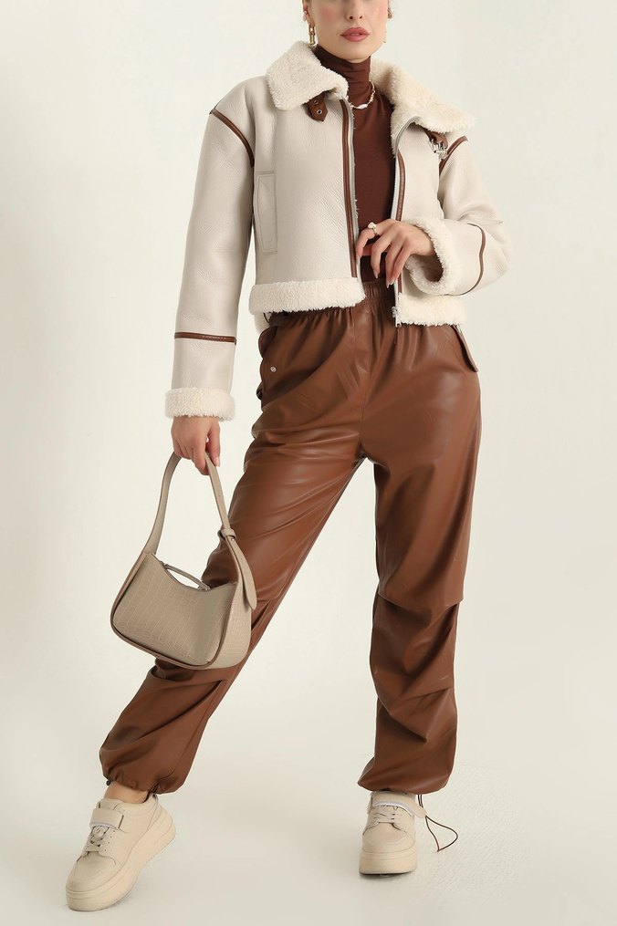 Bej Kürklü Deri Kadın Ceket - Görsel 2