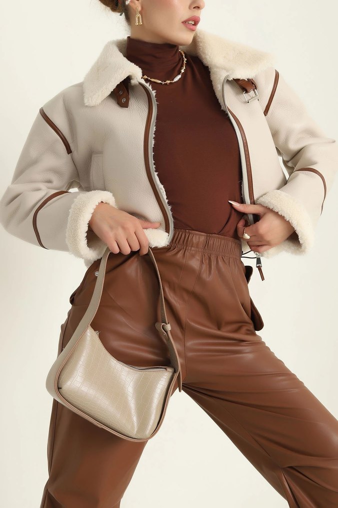Bej Kürklü Deri Kadın Ceket - Görsel 3