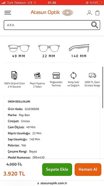 Beden Rayban Güneş Gözlüğü
