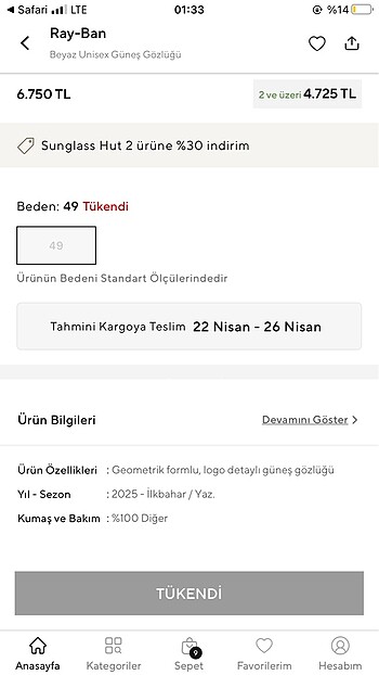 Beden beyaz Renk Rayban Güneş Gözlüğü
