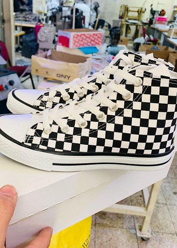36 Beden beyaz Renk Siyah Beyaz Kareli Yüksek Top Sneaker