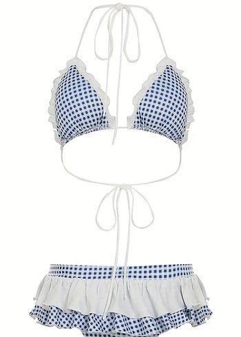 m Beden mavi Renk Volanlı Beyaz Ekose Bikini