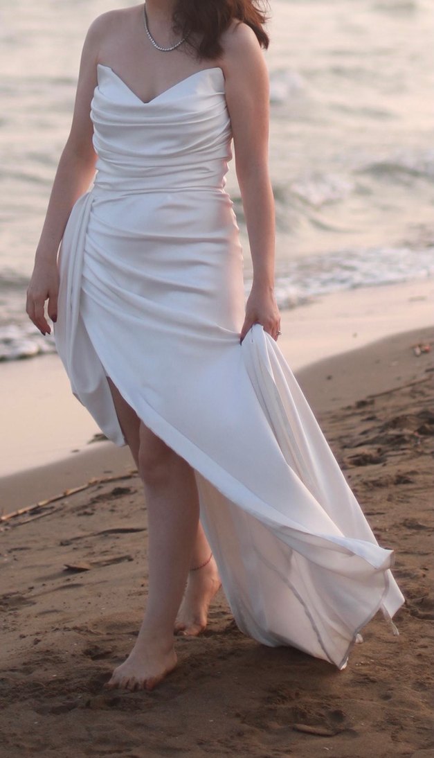 Beyaz Uzun Straplez Gelinlik + Abiye - Görsel 2