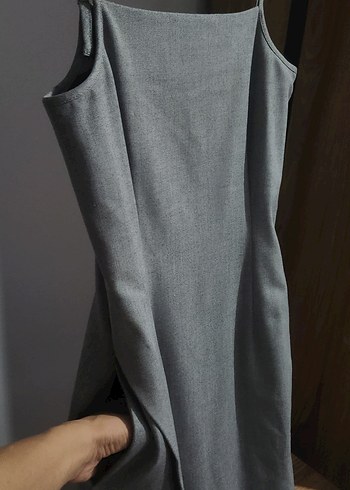 V Yakalı Gri Midi Ofis Elbisesi - Görsel 2