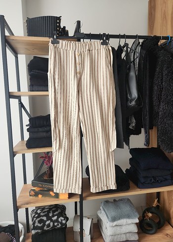 Bej Çizgili Düğmeli Pantolon - Görsel 2