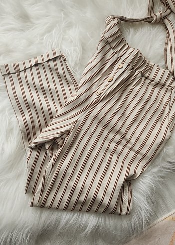 Bej Çizgili Düğmeli Pantolon - Görsel 3