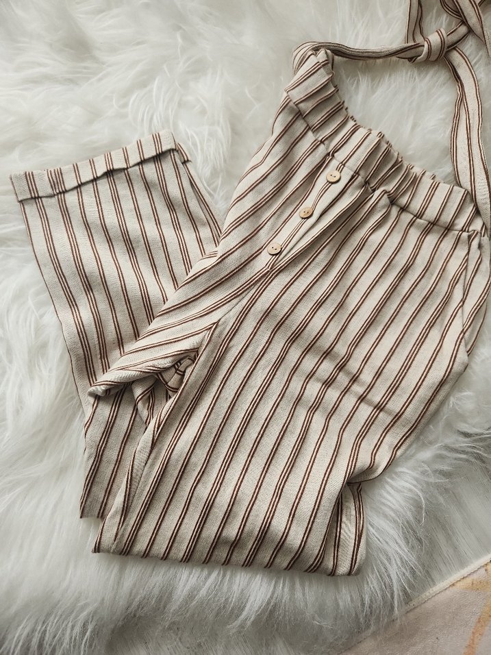 Bej Çizgili Düğmeli Pantolon - Görsel 3